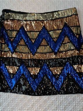 Endless Rose Sequin Mini Skirt in Gold, Black & Blue, Large NWT